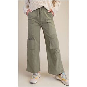 Easel Olive Green Cotton Wide leg Cargo Pants